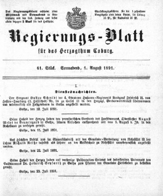 Regierungs-Blatt für das Herzogtum Coburg (Coburger Regierungs-Blatt) Samstag 1. August 1891