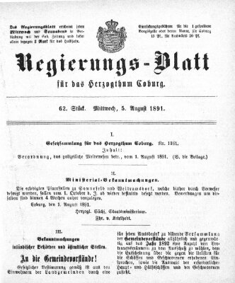 Regierungs-Blatt für das Herzogtum Coburg (Coburger Regierungs-Blatt) Mittwoch 5. August 1891