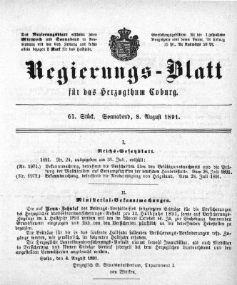 Regierungs-Blatt für das Herzogtum Coburg (Coburger Regierungs-Blatt) Samstag 8. August 1891