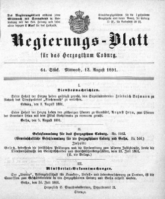 Regierungs-Blatt für das Herzogtum Coburg (Coburger Regierungs-Blatt) Mittwoch 12. August 1891