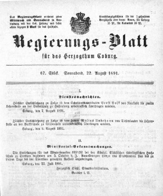 Regierungs-Blatt für das Herzogtum Coburg (Coburger Regierungs-Blatt) Samstag 22. August 1891