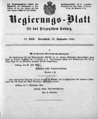 Regierungs-Blatt für das Herzogtum Coburg (Coburger Regierungs-Blatt) Samstag 12. September 1891