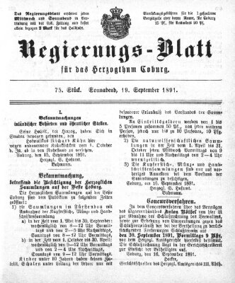 Regierungs-Blatt für das Herzogtum Coburg (Coburger Regierungs-Blatt) Samstag 19. September 1891