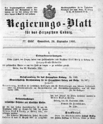 Regierungs-Blatt für das Herzogtum Coburg (Coburger Regierungs-Blatt) Samstag 26. September 1891