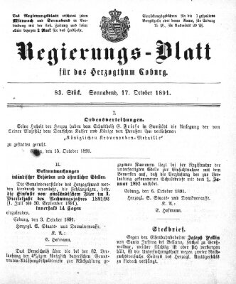 Regierungs-Blatt für das Herzogtum Coburg (Coburger Regierungs-Blatt) Samstag 17. Oktober 1891