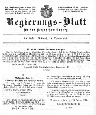 Regierungs-Blatt für das Herzogtum Coburg (Coburger Regierungs-Blatt) Mittwoch 28. Oktober 1891