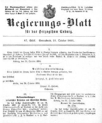 Regierungs-Blatt für das Herzogtum Coburg (Coburger Regierungs-Blatt) Samstag 31. Oktober 1891