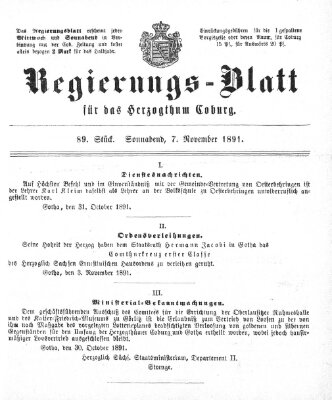 Regierungs-Blatt für das Herzogtum Coburg (Coburger Regierungs-Blatt) Samstag 7. November 1891