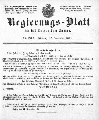 Regierungs-Blatt für das Herzogtum Coburg (Coburger Regierungs-Blatt) Mittwoch 25. November 1891