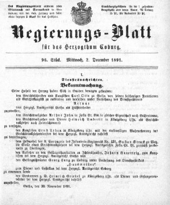 Regierungs-Blatt für das Herzogtum Coburg (Coburger Regierungs-Blatt) Mittwoch 2. Dezember 1891