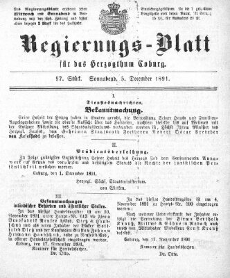 Regierungs-Blatt für das Herzogtum Coburg (Coburger Regierungs-Blatt) Samstag 5. Dezember 1891