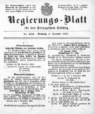 Regierungs-Blatt für das Herzogtum Coburg (Coburger Regierungs-Blatt) Mittwoch 9. Dezember 1891