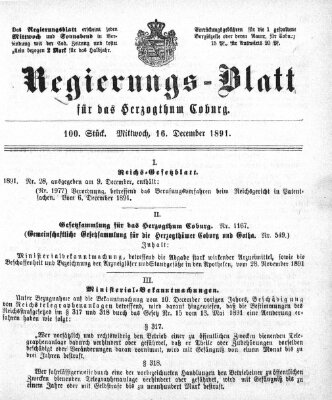 Regierungs-Blatt für das Herzogtum Coburg (Coburger Regierungs-Blatt) Mittwoch 16. Dezember 1891