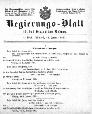 Regierungs-Blatt für das Herzogtum Coburg (Coburger Regierungs-Blatt) Mittwoch 13. Januar 1892