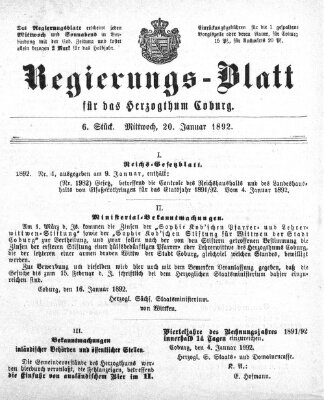 Regierungs-Blatt für das Herzogtum Coburg (Coburger Regierungs-Blatt) Mittwoch 20. Januar 1892