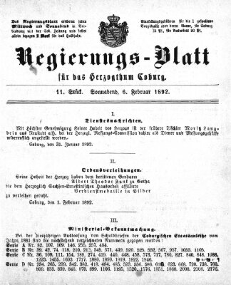 Regierungs-Blatt für das Herzogtum Coburg (Coburger Regierungs-Blatt) Samstag 6. Februar 1892