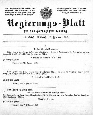 Regierungs-Blatt für das Herzogtum Coburg (Coburger Regierungs-Blatt) Mittwoch 10. Februar 1892