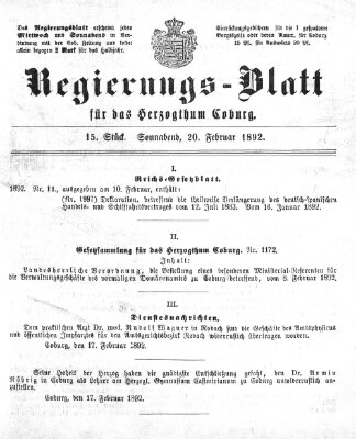 Regierungs-Blatt für das Herzogtum Coburg (Coburger Regierungs-Blatt) Samstag 20. Februar 1892