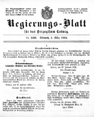 Regierungs-Blatt für das Herzogtum Coburg (Coburger Regierungs-Blatt) Mittwoch 2. März 1892