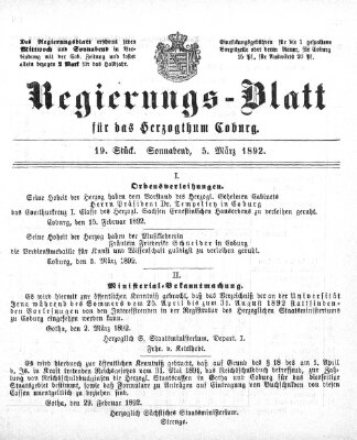 Regierungs-Blatt für das Herzogtum Coburg (Coburger Regierungs-Blatt) Samstag 5. März 1892