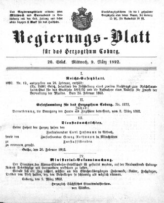 Regierungs-Blatt für das Herzogtum Coburg (Coburger Regierungs-Blatt) Mittwoch 9. März 1892