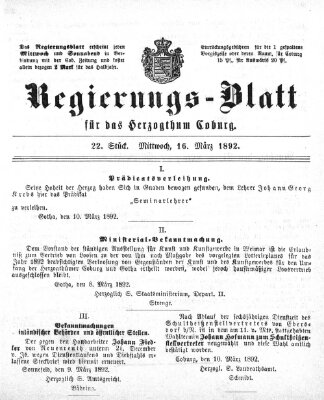 Regierungs-Blatt für das Herzogtum Coburg (Coburger Regierungs-Blatt) Mittwoch 16. März 1892