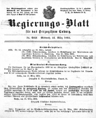 Regierungs-Blatt für das Herzogtum Coburg (Coburger Regierungs-Blatt) Mittwoch 23. März 1892