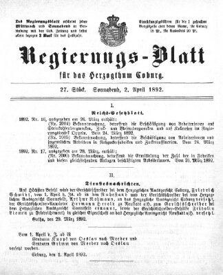 Regierungs-Blatt für das Herzogtum Coburg (Coburger Regierungs-Blatt) Samstag 2. April 1892