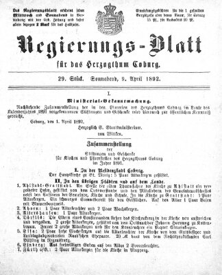 Regierungs-Blatt für das Herzogtum Coburg (Coburger Regierungs-Blatt) Samstag 9. April 1892