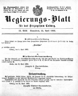 Regierungs-Blatt für das Herzogtum Coburg (Coburger Regierungs-Blatt) Samstag 23. April 1892