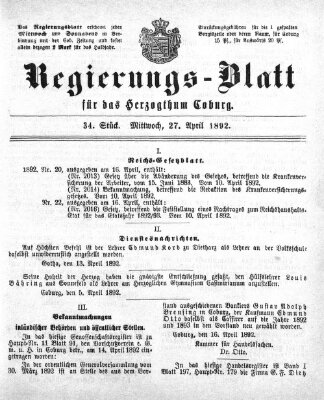 Regierungs-Blatt für das Herzogtum Coburg (Coburger Regierungs-Blatt) Mittwoch 27. April 1892