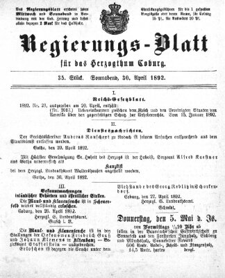 Regierungs-Blatt für das Herzogtum Coburg (Coburger Regierungs-Blatt) Samstag 30. April 1892