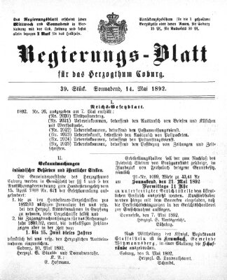 Regierungs-Blatt für das Herzogtum Coburg (Coburger Regierungs-Blatt) Samstag 14. Mai 1892