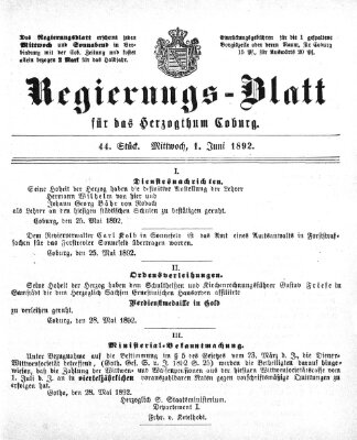 Regierungs-Blatt für das Herzogtum Coburg (Coburger Regierungs-Blatt) Mittwoch 1. Juni 1892