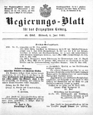 Regierungs-Blatt für das Herzogtum Coburg (Coburger Regierungs-Blatt) Mittwoch 8. Juni 1892