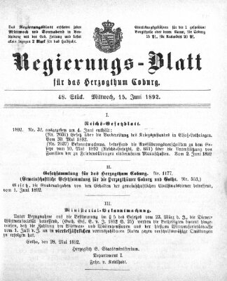 Regierungs-Blatt für das Herzogtum Coburg (Coburger Regierungs-Blatt) Mittwoch 15. Juni 1892