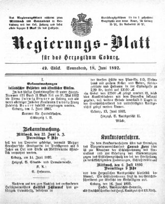 Regierungs-Blatt für das Herzogtum Coburg (Coburger Regierungs-Blatt) Samstag 18. Juni 1892