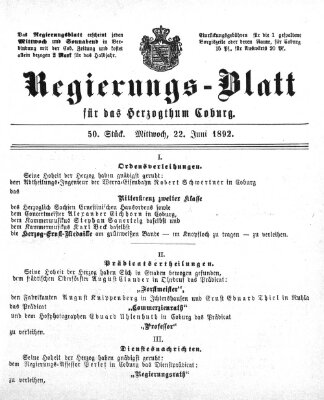 Regierungs-Blatt für das Herzogtum Coburg (Coburger Regierungs-Blatt) Mittwoch 22. Juni 1892