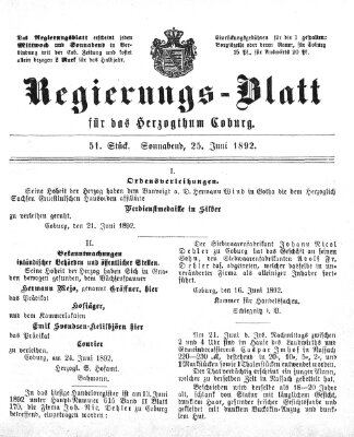 Regierungs-Blatt für das Herzogtum Coburg (Coburger Regierungs-Blatt) Samstag 25. Juni 1892