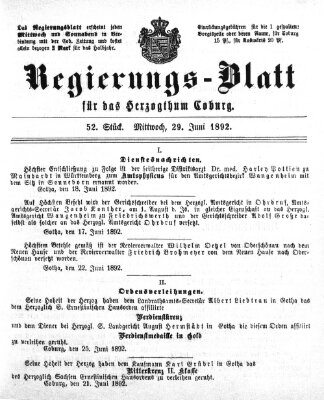 Regierungs-Blatt für das Herzogtum Coburg (Coburger Regierungs-Blatt) Mittwoch 29. Juni 1892