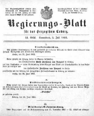 Regierungs-Blatt für das Herzogtum Coburg (Coburger Regierungs-Blatt) Samstag 2. Juli 1892