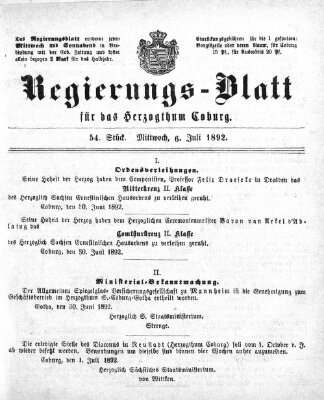 Regierungs-Blatt für das Herzogtum Coburg (Coburger Regierungs-Blatt) Mittwoch 6. Juli 1892