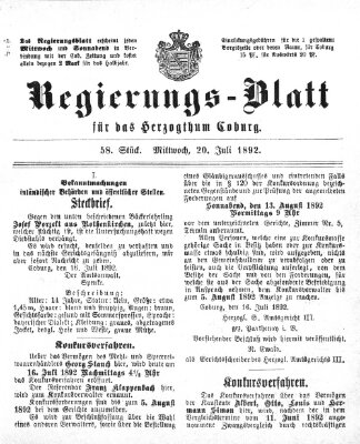 Regierungs-Blatt für das Herzogtum Coburg (Coburger Regierungs-Blatt) Mittwoch 20. Juli 1892