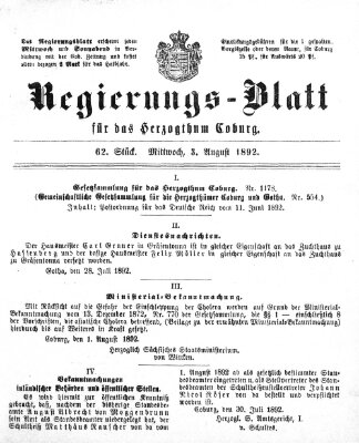 Regierungs-Blatt für das Herzogtum Coburg (Coburger Regierungs-Blatt) Mittwoch 3. August 1892