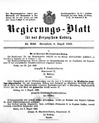 Regierungs-Blatt für das Herzogtum Coburg (Coburger Regierungs-Blatt) Samstag 6. August 1892