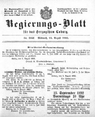 Regierungs-Blatt für das Herzogtum Coburg (Coburger Regierungs-Blatt) Mittwoch 10. August 1892