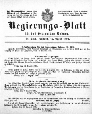 Regierungs-Blatt für das Herzogtum Coburg (Coburger Regierungs-Blatt) Mittwoch 17. August 1892