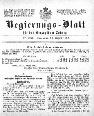 Regierungs-Blatt für das Herzogtum Coburg (Coburger Regierungs-Blatt) Samstag 20. August 1892