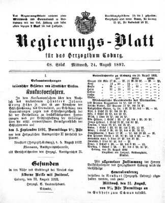 Regierungs-Blatt für das Herzogtum Coburg (Coburger Regierungs-Blatt) Mittwoch 24. August 1892