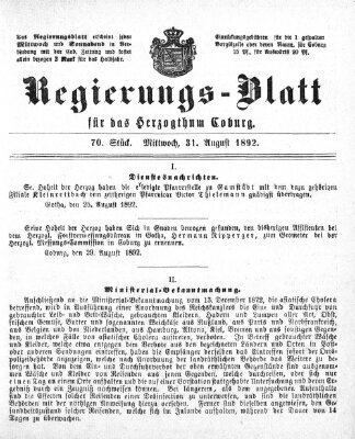 Regierungs-Blatt für das Herzogtum Coburg (Coburger Regierungs-Blatt) Mittwoch 31. August 1892